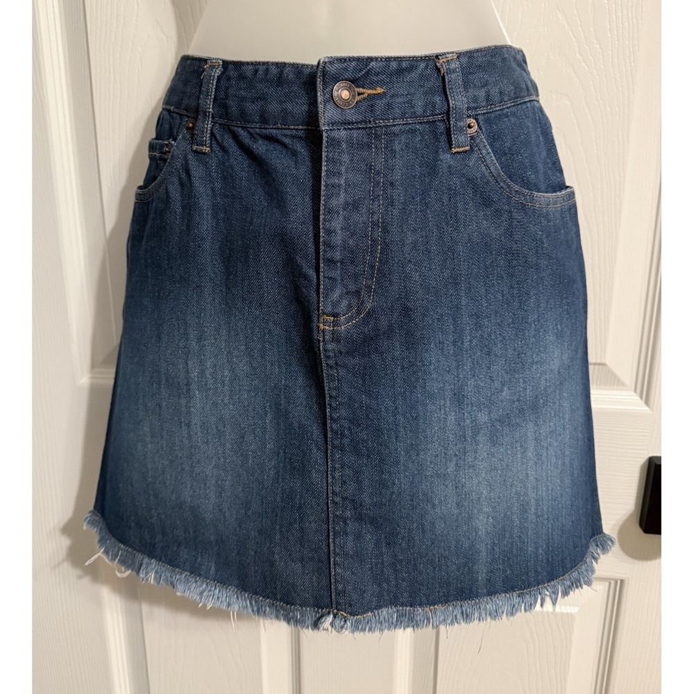 Vintage 90s Y2K Route 66 Denim Mini Skirt Raw Hem Blue Jean Womens Size 8 Skater